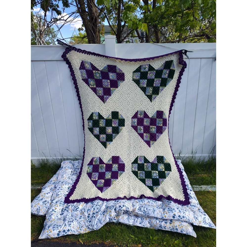Vintage Handmade Afghan Patchwork Hearts Purple Green Granny 60x77